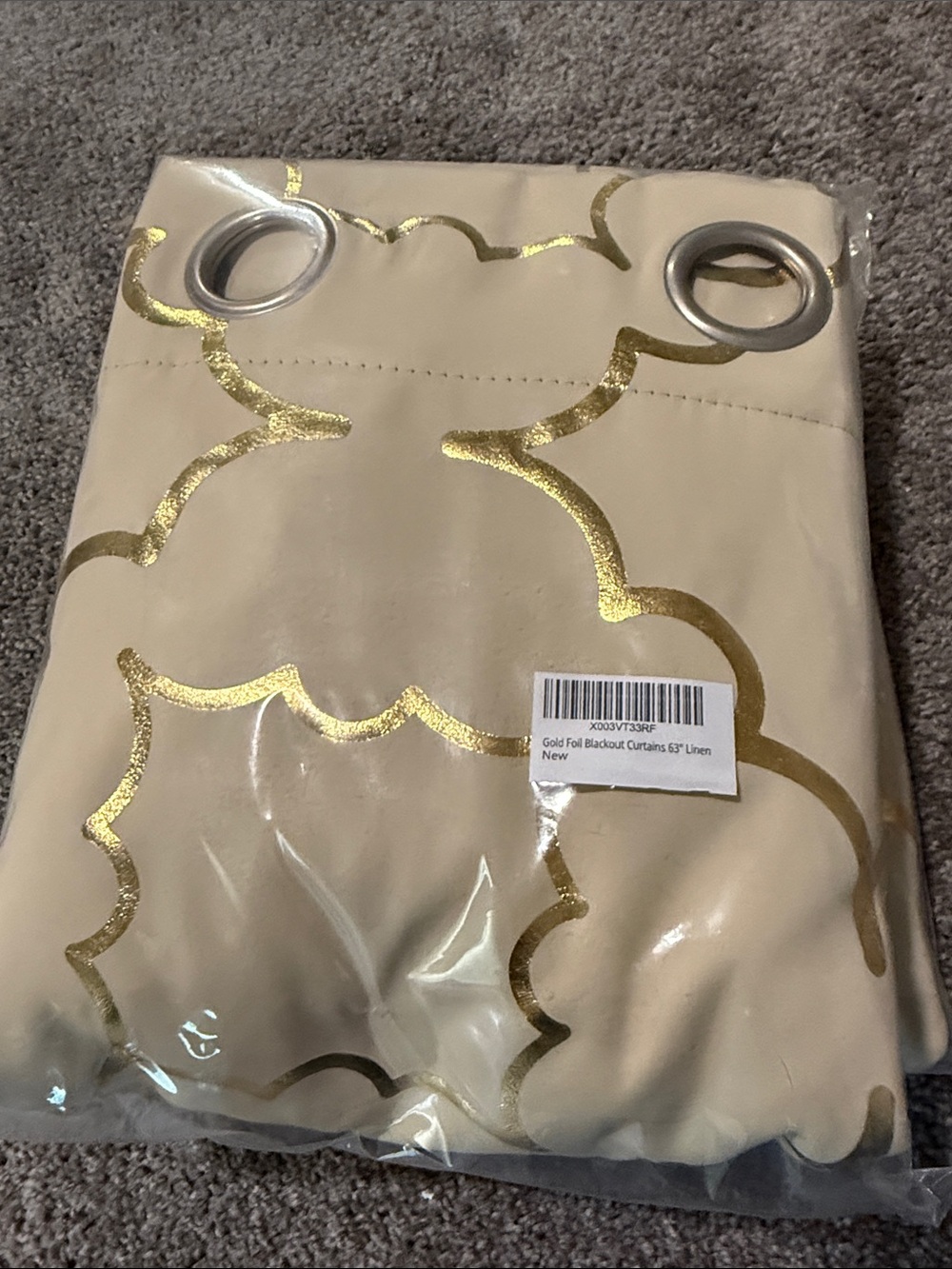 Gold Foil Pattern Linen-Look Grommet Curtain Panel - Cream